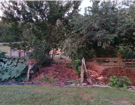 open pile compost heaps separated by pallets