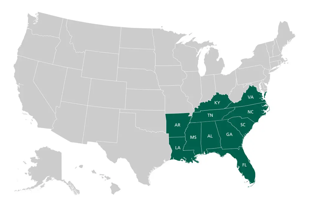 map of US southeast