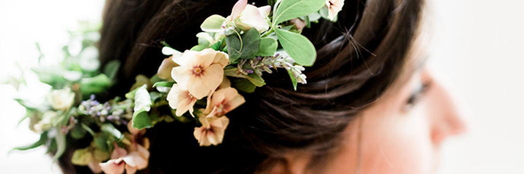 Bride with crown of flowers by Jig-Bee Flower Farm